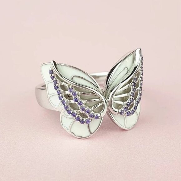 💝Sweet White Butterfly Anillos Silver Plated Ring for Women/Girl,, UNVN12339 - Picture 6 of 6